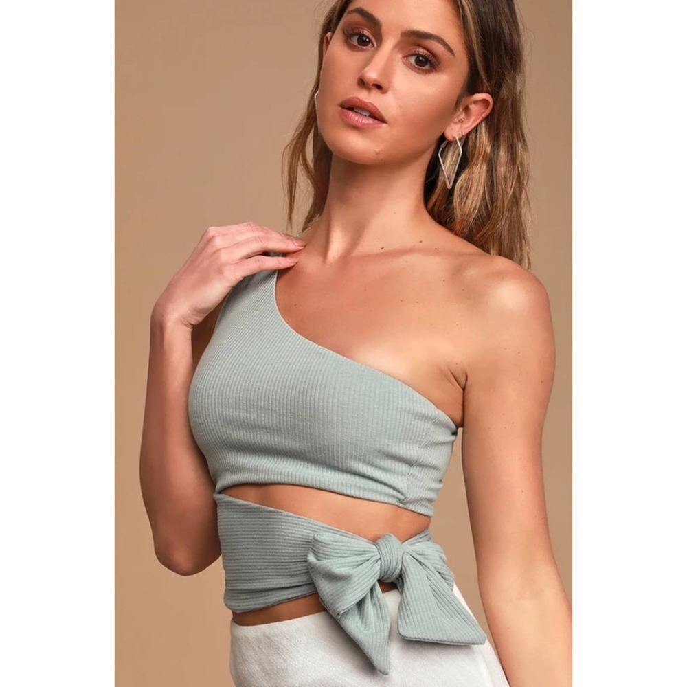 Lulu's Sage Green One-Shoulder Crop Top